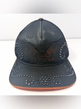 Robin Jeans Studded Hat Snapback Cap Black Coated Distressed Winged Logo GUC